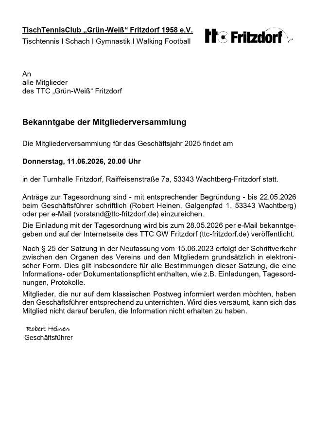 Bekanntgabe der Mitgliederversammlung